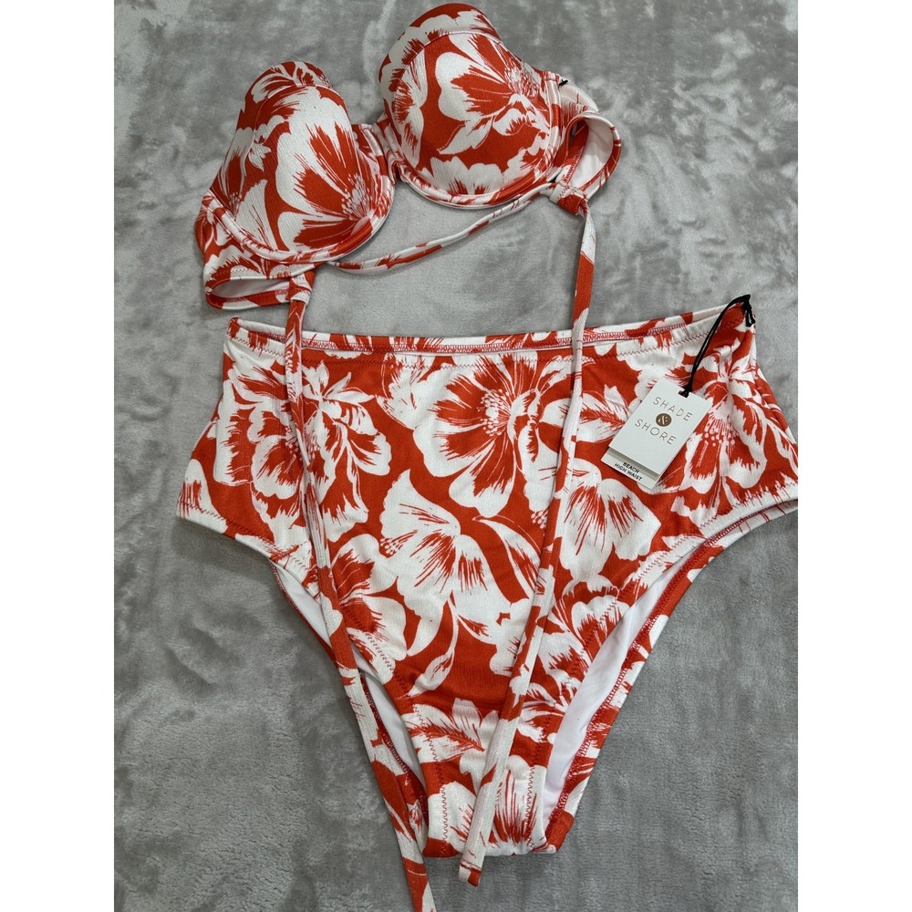 Shade & Shore Two Piece Bikini Women's Size Large Orange & White High Waist 32C